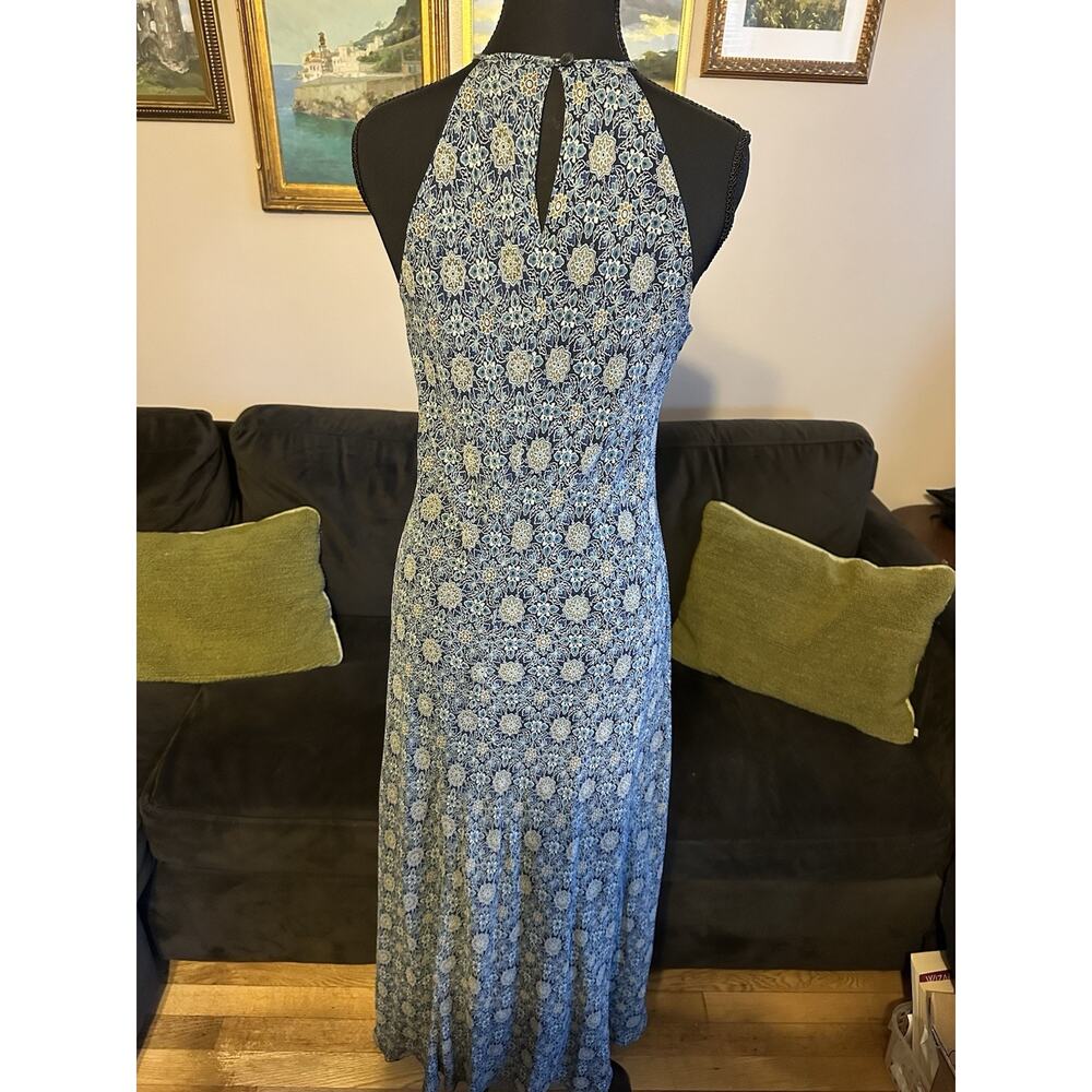 Vintage Y2K Ann Taylor Silk Maxi Dress Blue Floral Halter Wedding Resort 8 - Picture 4 of 9